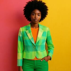 Giorgio Fiorlini Collection Green Yellow Textured Plaid Blazer Jacket Women’s 12